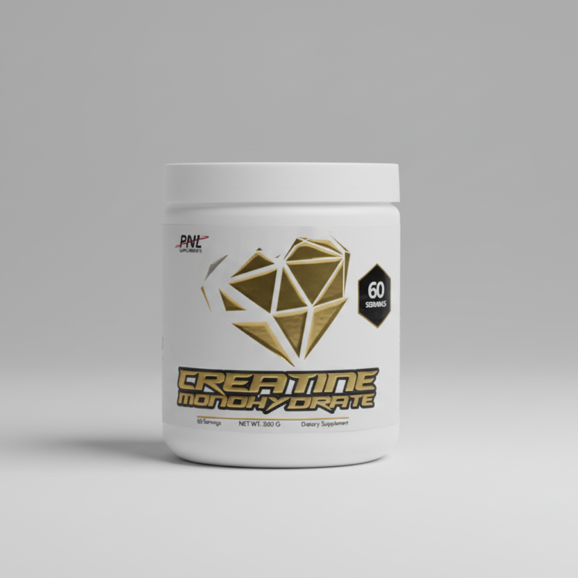 Supplement container labeled 'Creatine Monohydrate' with PNL Supplements branding on a dark background.